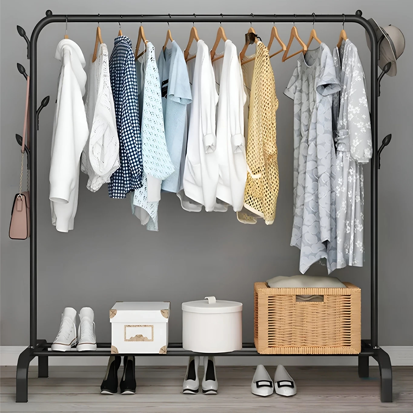 Heavy Duty Carbon Steel Freestanding Garment Rack with Shoe Shelf